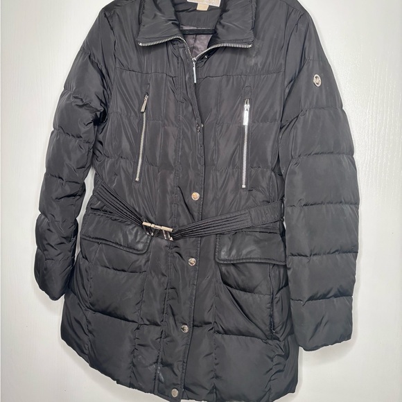Michael Kors Black Quilted Puffer Coat Jacket Belted Zip Front Women’s Large - Picture 4 of 11